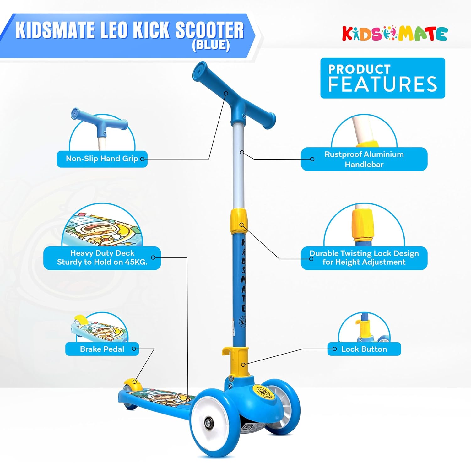 Kidsmate Leo Kick Scooter in black, designed for kids with 3 adjustable height settings, broad PVC wheels, and a reliable rare brake. Its foldable design makes storage and transport easy." www.usmile.toys www.usmile.toys www.usmile.toys